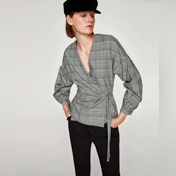 Zara Jackets & Blazers - ZARA | Black and White Checkered Wrap Blouse Top Blazer with Puff Sleeves